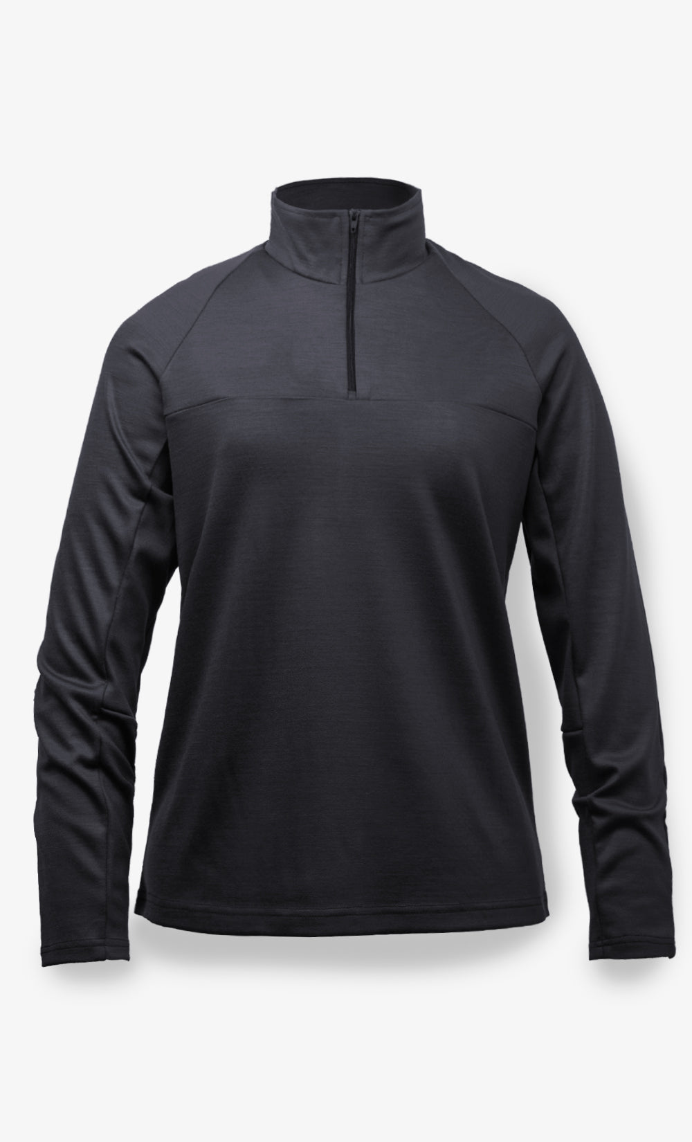 Haut demi-zip noir femme en laine mérinos 280 GSM, manches longues, coupe régulière, idéal comme couche intermédiaire technique.