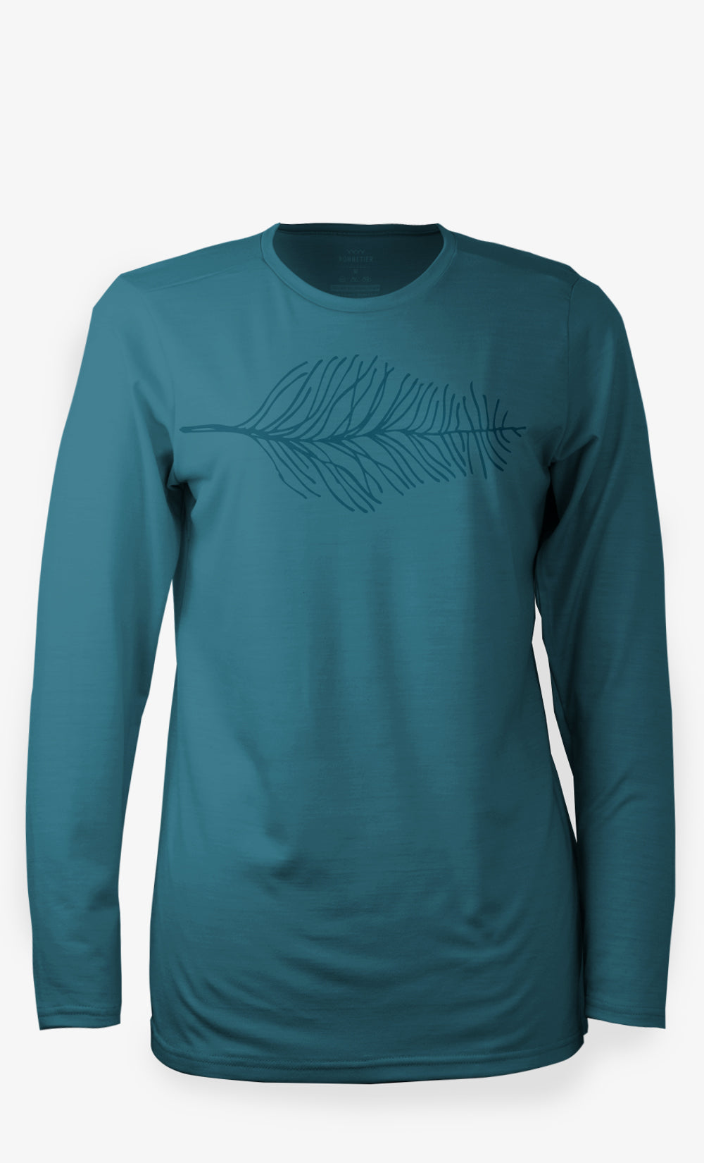 Chandail femme turquoise en laine mérinos 190 GSM avec motif plume, manches longues et coupe régulière.