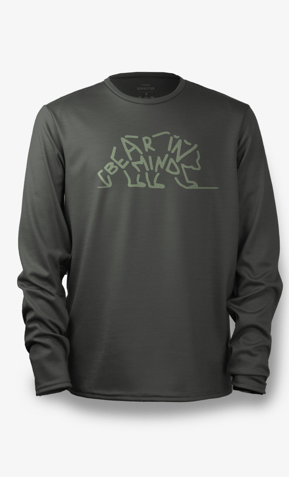 Chandail homme manches longues en laine mérinos 280 GSM avec motif "Bear in Mind", parfait pour activités hivernales.