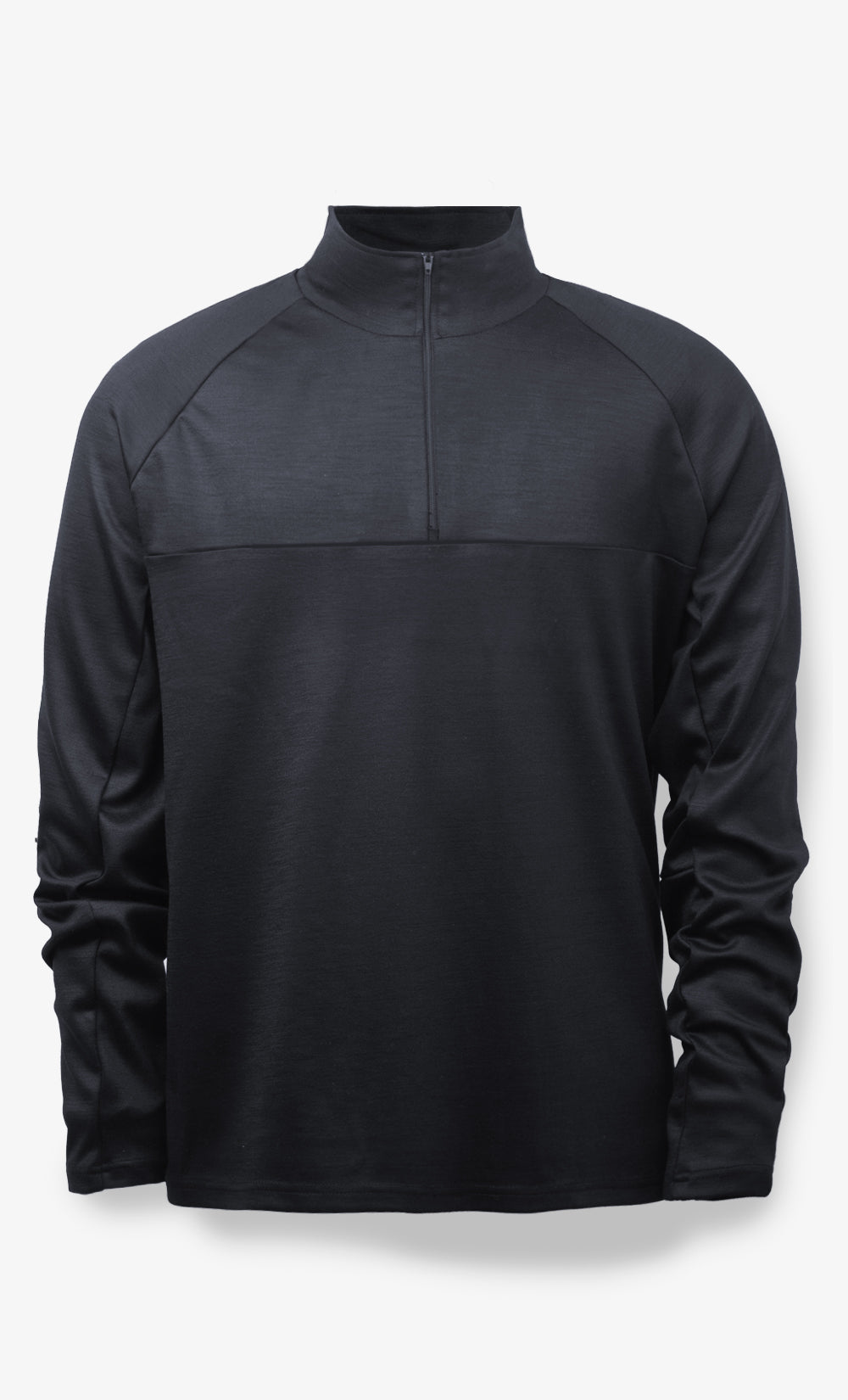 Demi-zip noir en laine mérinos 280 GSM pour homme, col montant et coupe régulière, idéal pour le ski et les activités hivernales.